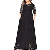MAYFASEY Women's Plus Size Floral Lace Wedding Dress 3 4 Sleeve Bridesmaid Evening Party Long Maxi Dresses with Pockets