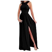 Cocktail Dresses for Women Halter Off Shoulder Openback Sleeveless High Waist Side Slit Maxi Dress Evening Dresses