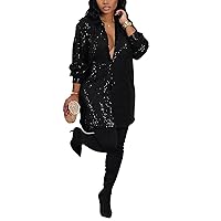 Vaceky Sparkly Dresses for Women Plus Size Lapel Button Up V Neck Shirt Dress Sequin Glitter Long Sleeve Mini Dress