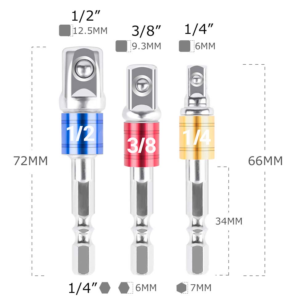 MAEXUS Impact Grade Socket Adapter/ Extension Set, Turns Power Drill Into High Speed Nut Driver, [ 3 in a Pack] 1/ 4