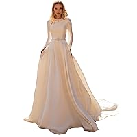 Women's Long Sleeves Wedding Dresses Jewel Satin Wedding Gown Beaded A-line Modest
