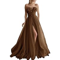 Tsbridal Tulle Strapless Prom Dresses Flower Ball Gowns for Women with Split Long Quinceanera Dresses