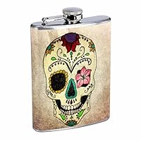 Sugar Skull Hip Flask D10 8oz Stainless Steel for Men and Women Day of the Dead Dia De Los Muertos Mexican Folk Art