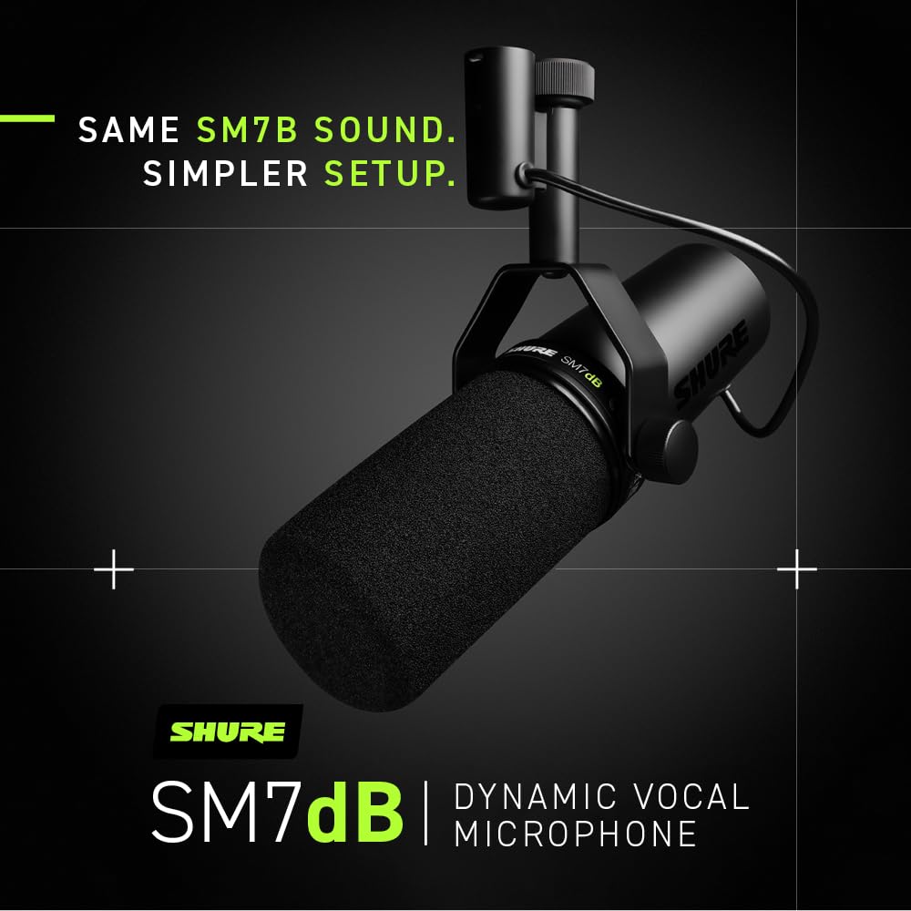 Shure SM7dB Dynamic Vocal Microphone w/Built-in Preamp for Streaming, Podcast, & Recording, Wide-Range Frequency, Warm & Smooth Sound, Rugged Construction, Detachable Windscreen - Black