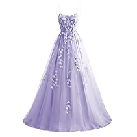 Women's Lace Tulle Prom Dresses Spaghetti Strap Long Ball Gown A Line Formal Evening Party Gown