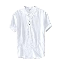 Icegrey Mens Linen Shirts Casual Collarless Short Sleeve T Shirt