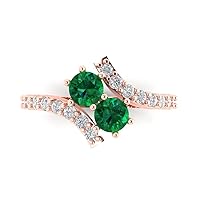 Clara Pucci 1.92ct Round Cut 2 stone Solitaire Simulated Green Emerald Designer Wedding Anniversary Bridal accent Ring 14k Rose Gold