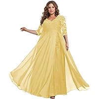 Mother of The Bride Dresses Pus Size Lace Long Evening Dress V Neck Chiffon Formal Gowns with Sleeves