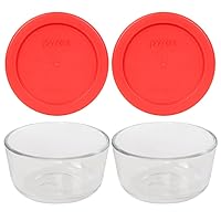 Pyrex (2) 7202 1-Cup Glass Bowls & (2) 7202-PC 1-Cup Red Lids