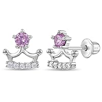 925 Sterling Silver Cubic Zirconia Kids Princess Crown Screw Back Earrings, Safety Screw Back Locking Earrings for your Little Girls & Toddlers Clear & Pink CZ