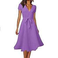 Spring Summer Dresses for Women 2024 Casual V Neck Puff Short Sleeve Smocked Ruffle Flowy Beach Boho A Line Midi Dress