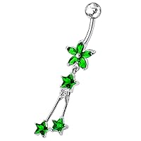 CZ Crystal Stone Flowe with Triple Star Dangling 925 Sterlingl Silver Belly Ring Body Jewelry