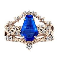 4.5 CT Vine Leaf Style Blue Sapphire Engagement Ring Set Vintage Coffin Shaped Blue Sapphire Wedding Ring Set Art Deco Bridal Anniversary Ring