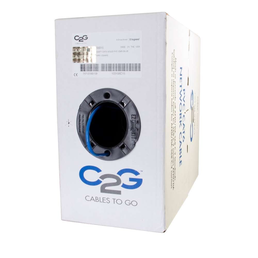 C2G 56017 Cat6 Bulk Unshielded Ethernet Network Cable with Solid Conductors,1000 Feet, Blue