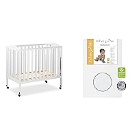 3 in 1 Portable Folding Stationary Side Crib in White, Greenguard Gold & Sunset 3” Extra Firm Fiber Crib Mattress, Greenguard Gold Certified, Waterproof Vinyl Cover
