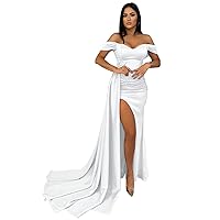 Off Shoulder Mermaid Prom Dress Long with Train for Women Formal Wedding Dress Wrap Satin Ruched Evening Gowns with Slit