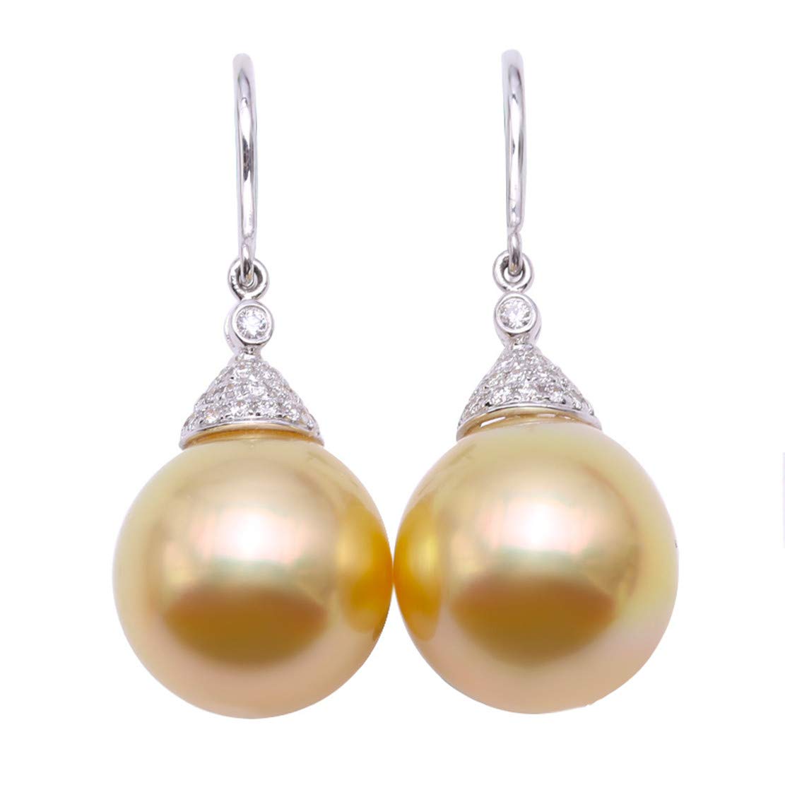 JYXJEWELRY 12.5mm Round Golden South Sea Cultured Pearl Earrings 18K Gold Dangle Earrings inlay Diamonds AAA+ Bridal Jewelry