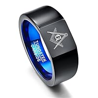10mm Retro Big Head Style Tungsten Carbide Rings Vacuum Plating Black with Blue Rings Laser Masonic Sign Tungsten Ring