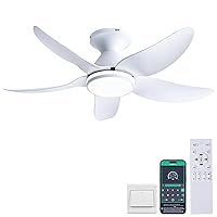 Ceiling Fans with Lights and Remote/APP Control, 38 inch Low Profile Flush Mount Ceiling Fans with 5 Reversible Blades 6 Speeds, 3 Colors Dimmable+Ring Lights for Bedroom Dining Room, White