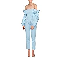 Women's Off Shoulder Jumpsuits Evening Dresses with Detachable Skirt Long Sleeves Satin Prom Gowns Pants Sky Blue