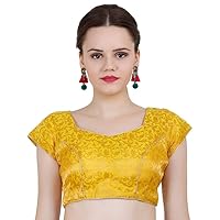 Chanderi Silk Floral Design Golden with V-Shape Neck Sari Blouse Cap Sleeve Readymade Blouse for Women
