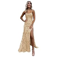 Sequin Mermaid Prom Dresses Long Lace Applique Backless Formal Evening Gown with Slit