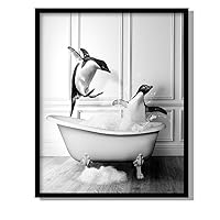 Funny Bathroom Wall Art Décor Black and White Canvas Wall Art Pictures Wood Framed Funny Penguin Bathing Animals Prints(G, 12x16 inches)