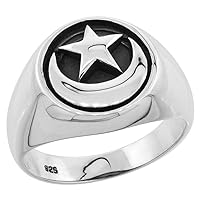2 Sizes Sterling Silver Crescent Moon and Star Ring for Men and Women Flawless Finish sizes 6-13