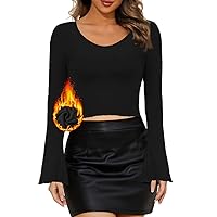 Womens Crop Tops Long Sleeve Bell Sleeve Tops for Women Blouse V Neck T Shirts Lettuce Trim Crop Top Sexy