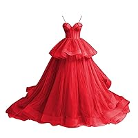 Women's Puffy Prom Dresses Tiered Tulle Long Ball Gowns Spaghetti Straps Quinceanera Dress R025