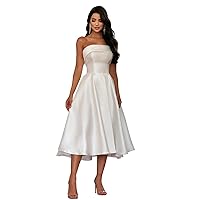 Strapless Satin Prom Dress for Women Tea Length A Line Evening Dresses 2024 Formal Cocktail Evening Gowns