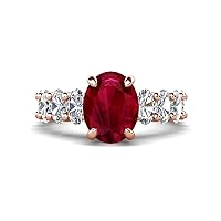 5.50 ctw Ruby Oval Shape (9x7 mm) & Lab Grown Diamond Oval Shape (5x3 mm) Prong set Hidden Halo Engagement Ring in 14K Gold