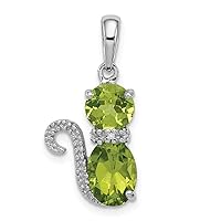 925 Sterling Silver Polished Open back Peridot and Diamond Cat Pendant Necklace Jewelry for Women
