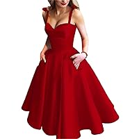 Women's Tea Length Sweetheart Spaghetti Strap Evening Dress Satin with Pockets A Line Prom Dress Red