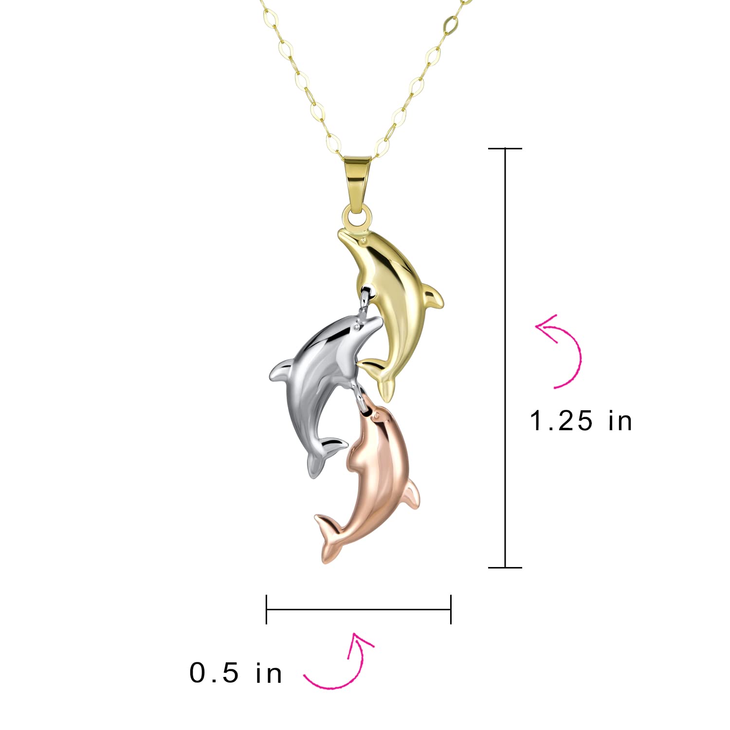 Bling Jewelry Small Danity Vacation Real 14K Yellow Gold Nautical Trio Sea Life Fish Charm 3 Family Sea Fish Dolphin Pendant Necklace For Women Teens No Chain