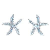 925 Sterling Silver Cubic Zirconia Paved Small Starfish Studs Nautical Themed Blue Ocean Beach Earrings
