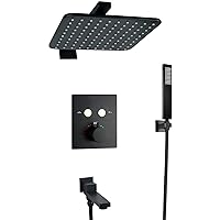 Shower System Thermostatic Shower Faucet Set 10 Inches Rain Shower Combo Set Wall Mounted Tub and Shower Trim Kit with Handheld Sprayer and Square Rain Shower Head, Swivel Tub Spou