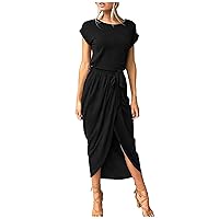 Women's Summer Short Sleeve Split Slim Wedding Guest Dress Crew Neck Waist Belt Wrap Dress Casual Maxi Dress