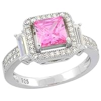 Sterling Silver Princess Cut Pink Topaz Ring CZ Accents Rhodium Finish, 7/16 inch Wide, Sizes 6-9