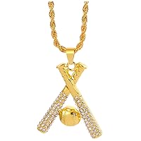 Men’s Many Zircons Inlaid Golden Crossed Baseball Bats and Ball in one Pendant Twist Chain Necklace,23.6+1.41’’