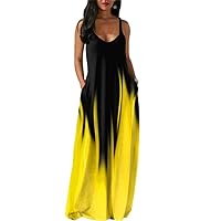 Sexy Spaghetti Strap Gradient Long Maxi Dress Women Sleeveless Loose Pocket Boho Sundress