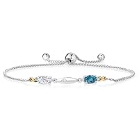 925 Sterling Silver and 10K Yellow Gold Personalized 2-Stone Oval Birthstones and White Lab Grown Diamond Name Engraved Adjustable Tennis Bracelet For Women For Mother's Mom Wife Girls Her