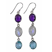 925 Sterling Silver Multi Color Drop Dangle Earring for Women Purple Amethyst Moonstone and Blue Topaz Gemstone Multistone Jewelry