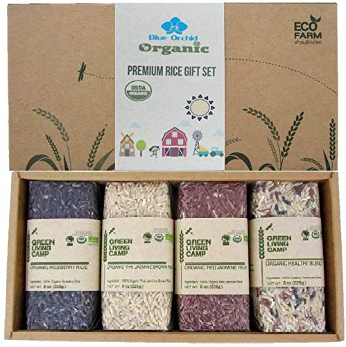 100% USDA Certified Organic Thai Jasmine Rice Gift Set - 2 Lb - Medley Rice 4 Kinds - Brown Jasmine - Red Jasmine - Black Jasmine Riceberry - Mixed...