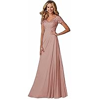 Lace Chiffon Mother of The Bride Dresses Short Sleeve V Neck Ruched Long Formal Evening Gowns Party Dresses LYQ53