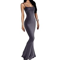 Women's Spaghetti Strap Sleeveless Solid Color Slip Long Dress Floor Length Party Dresses