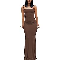Women Sexy Bodycon Maxi Dress Sleeveless Solid Color Slip Dress Elegant Long Cami Dresses Evening Party