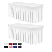 2 Pack Table Skirts for Rectangle Tables 8ft - One-Piece White Table Covers for 8 Foot Tables, Wrinkle Resistant Ruffles Elastic Table Cover and Table Skirt for Banquets, Parties