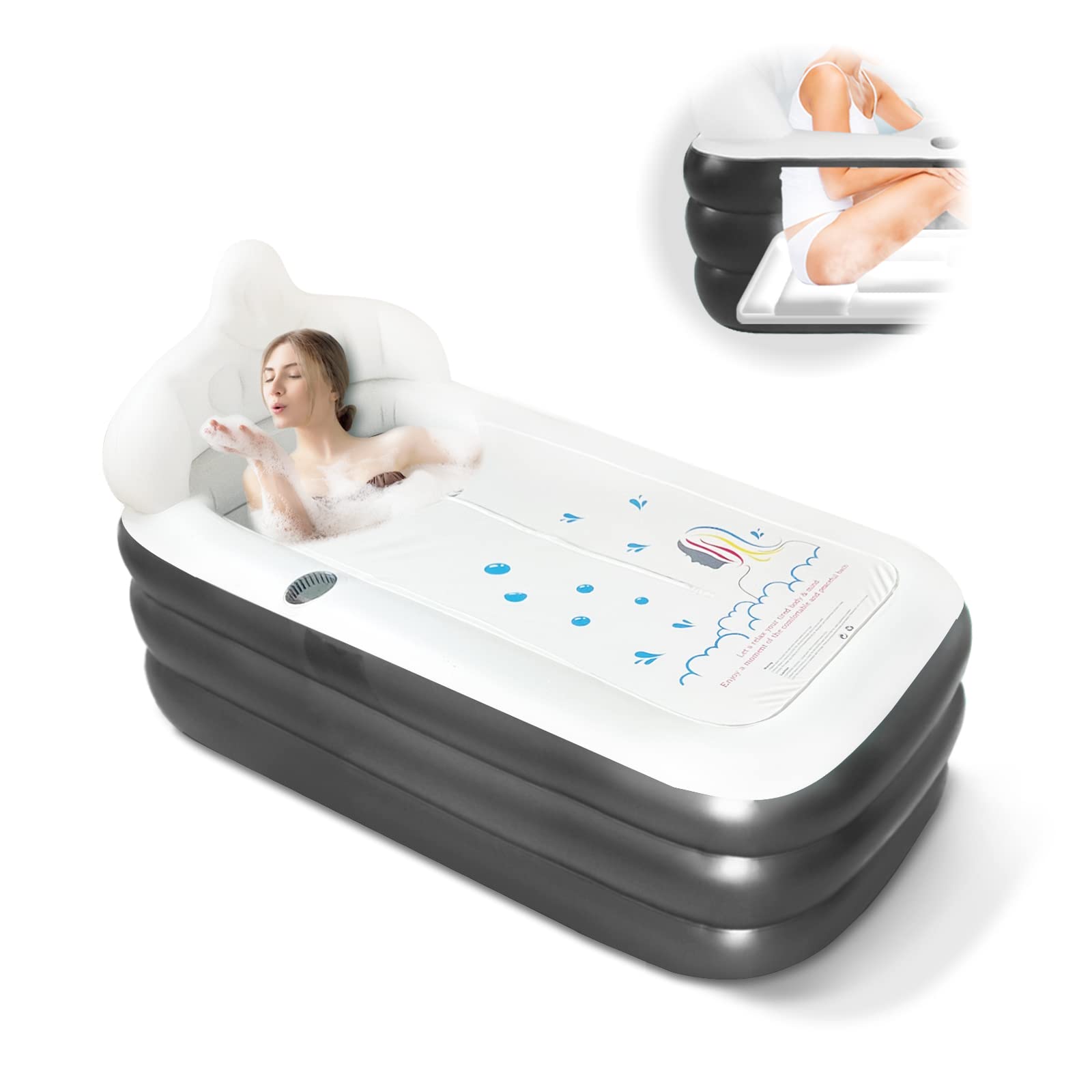 Nevife Inflatable Blow Up Bathtub with Bath Base,Headrest,Cup Holder and Pocket Storage,Foldable/Portable Free Standing Bath Tub for Adult Spa, Ideal for Hot Bath/Ice Bath 63