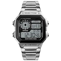 Men's Digital Quartz Watch, Luxury Business Electronic Chronograph, 50 m Waterproof Digital Watch, Stainless Steel Strap, LED Back Light, silver, Bracelet